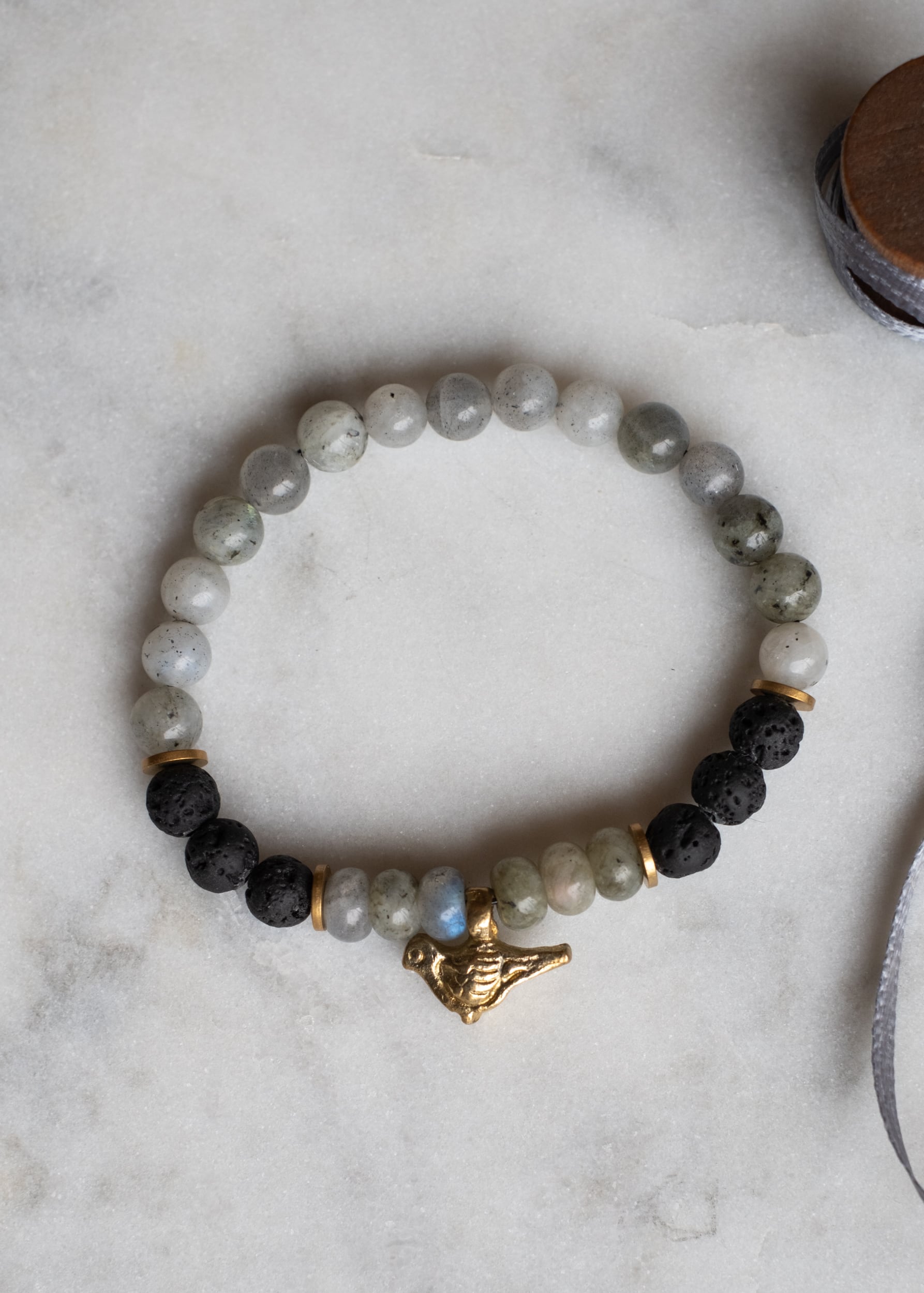 Harmony Bird Bracelet in Labradorite, Lava & Brass