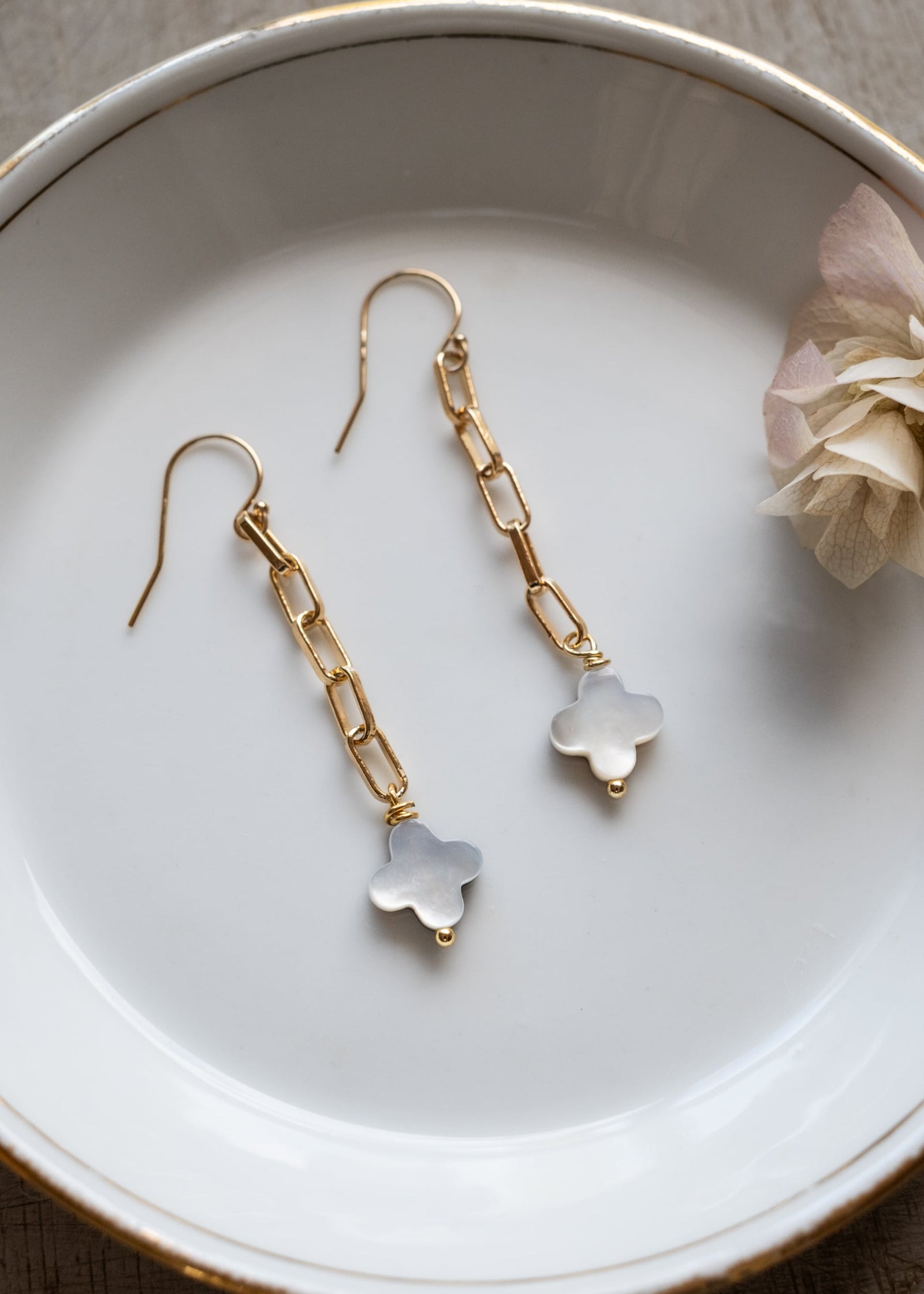 Golden Link and Pearl Clover Earrings