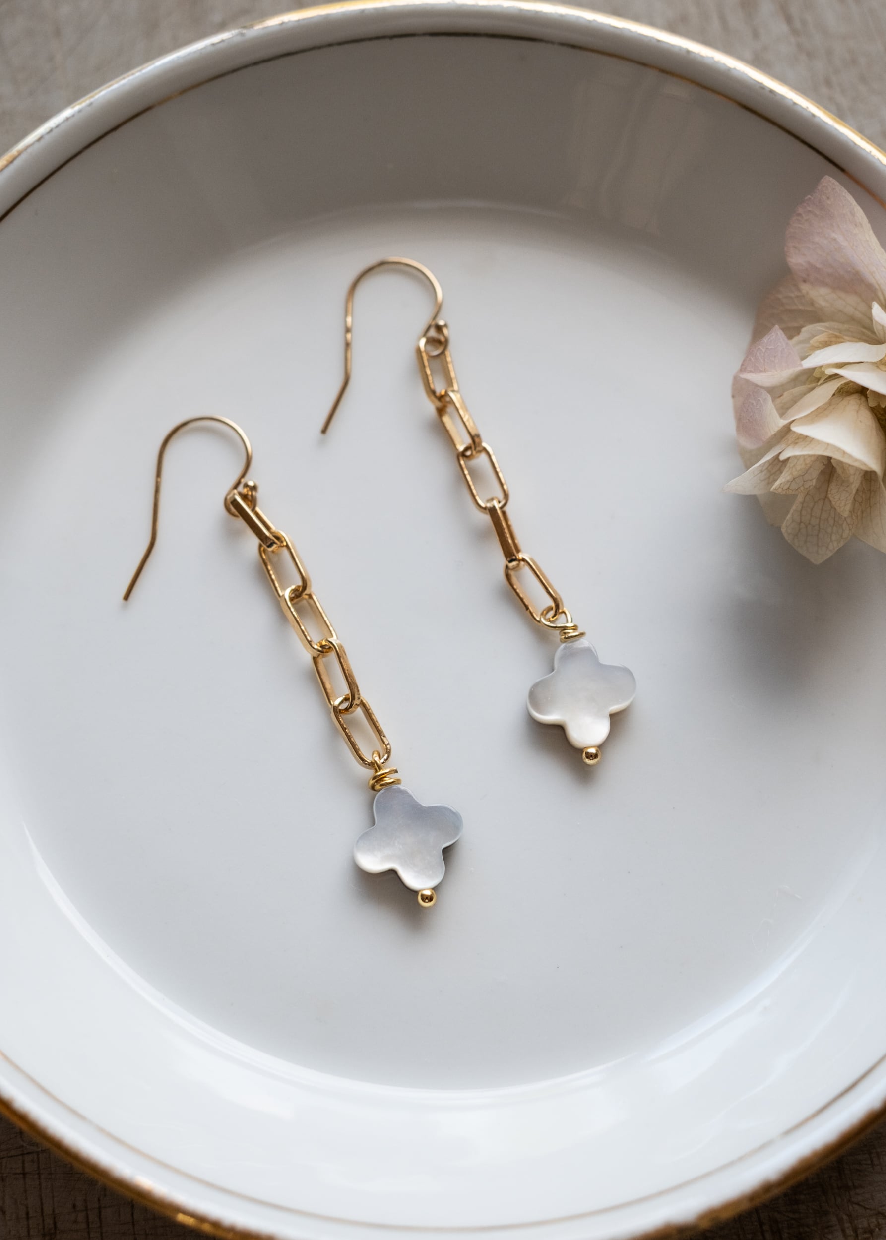 Golden Link and Pearl Clover Earrings