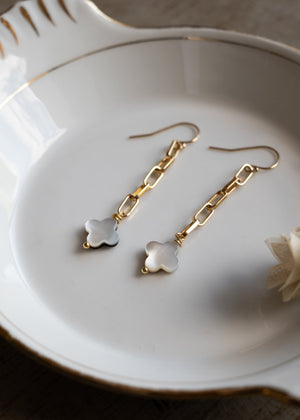 Golden Link and Pearl Clover Earrings