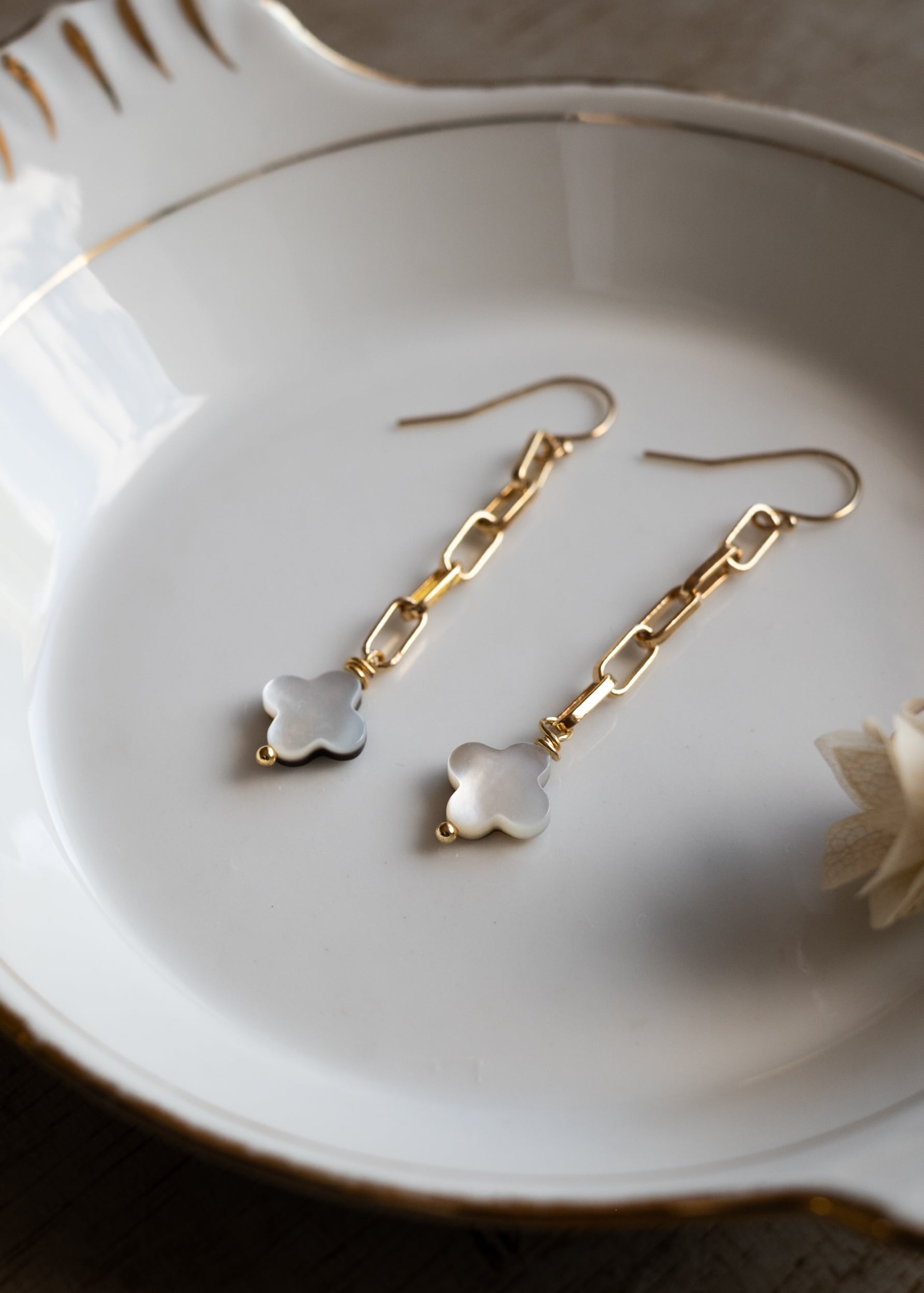 Golden Link and Pearl Clover Earrings