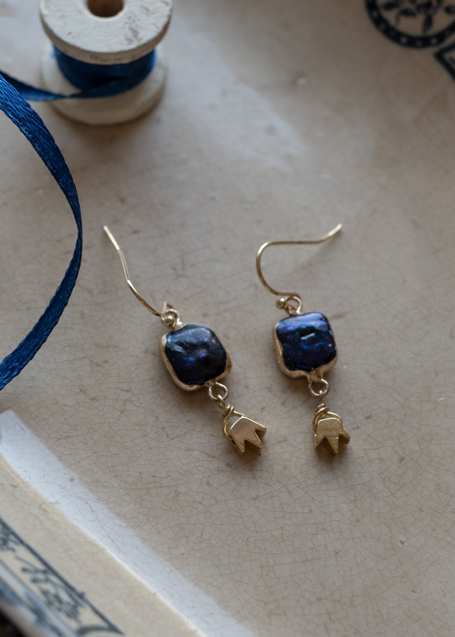 Indigo Pearl and Golden Tulip Earrings