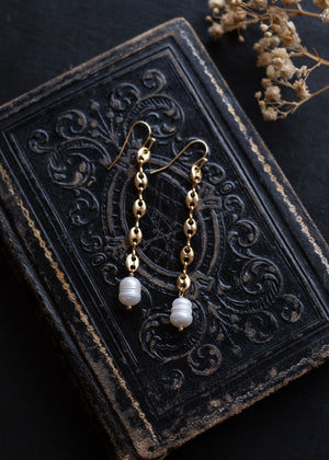 Golden Link and Pearl Drop Earrings