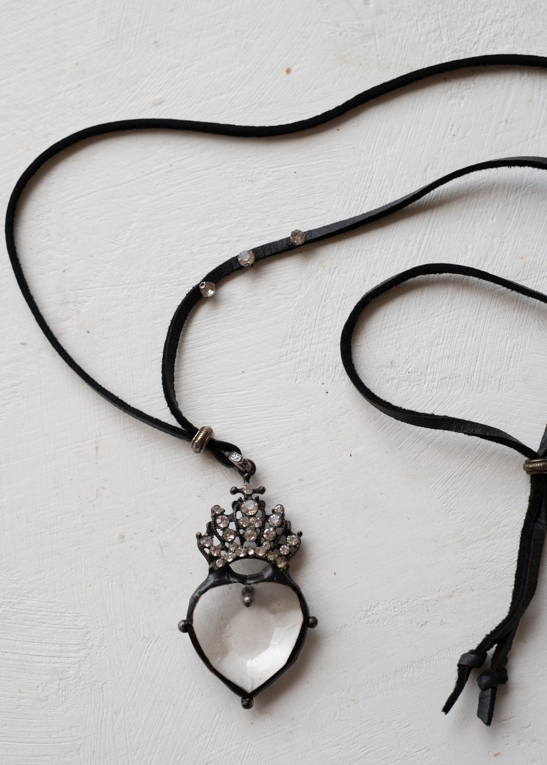 Crowned Crystal Heart Leather Necklace