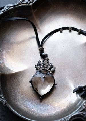 Crowned Crystal Heart Leather Necklace