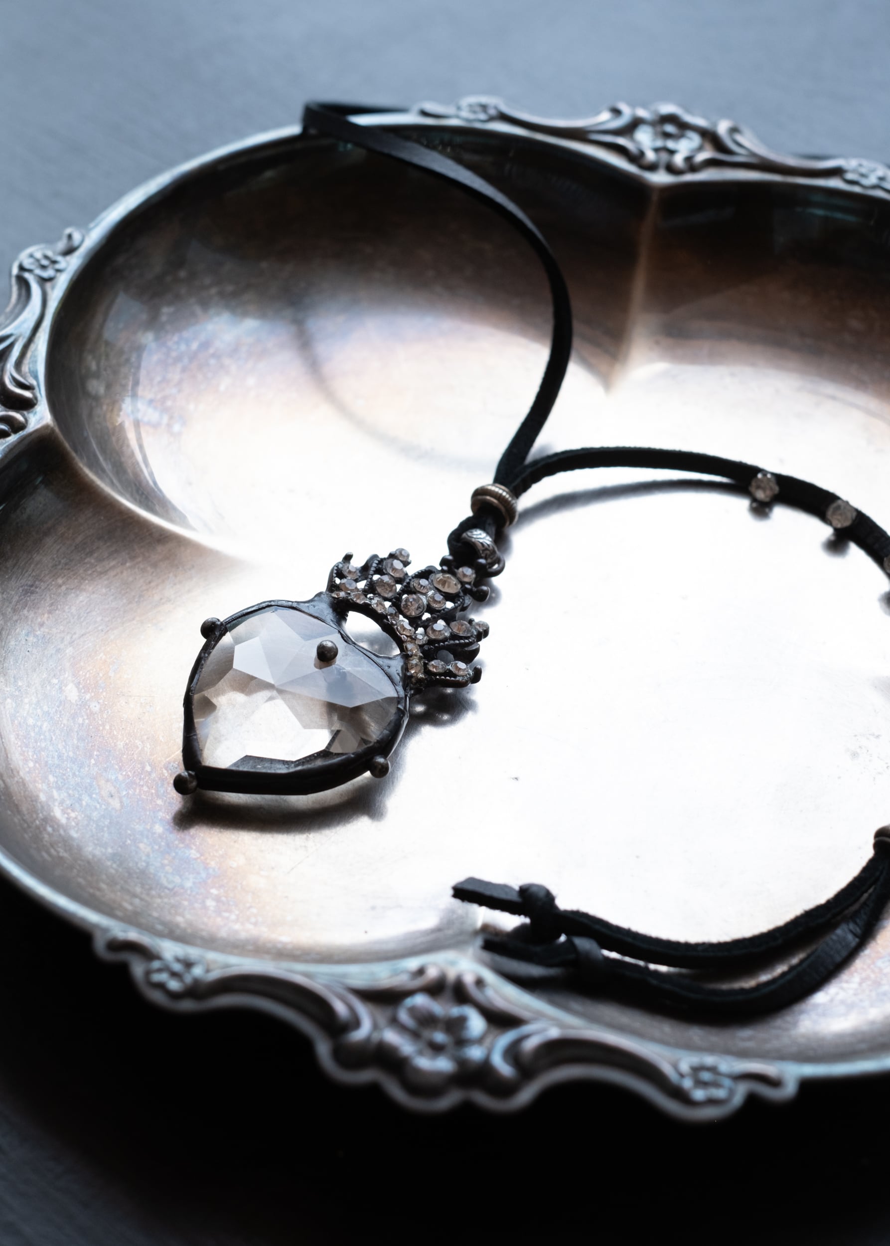 Crowned Crystal Heart Leather Necklace