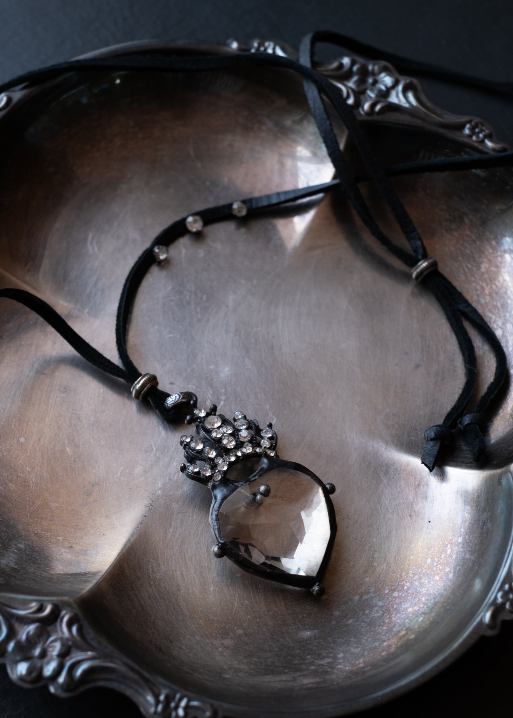 Crowned Crystal Heart Leather Necklace