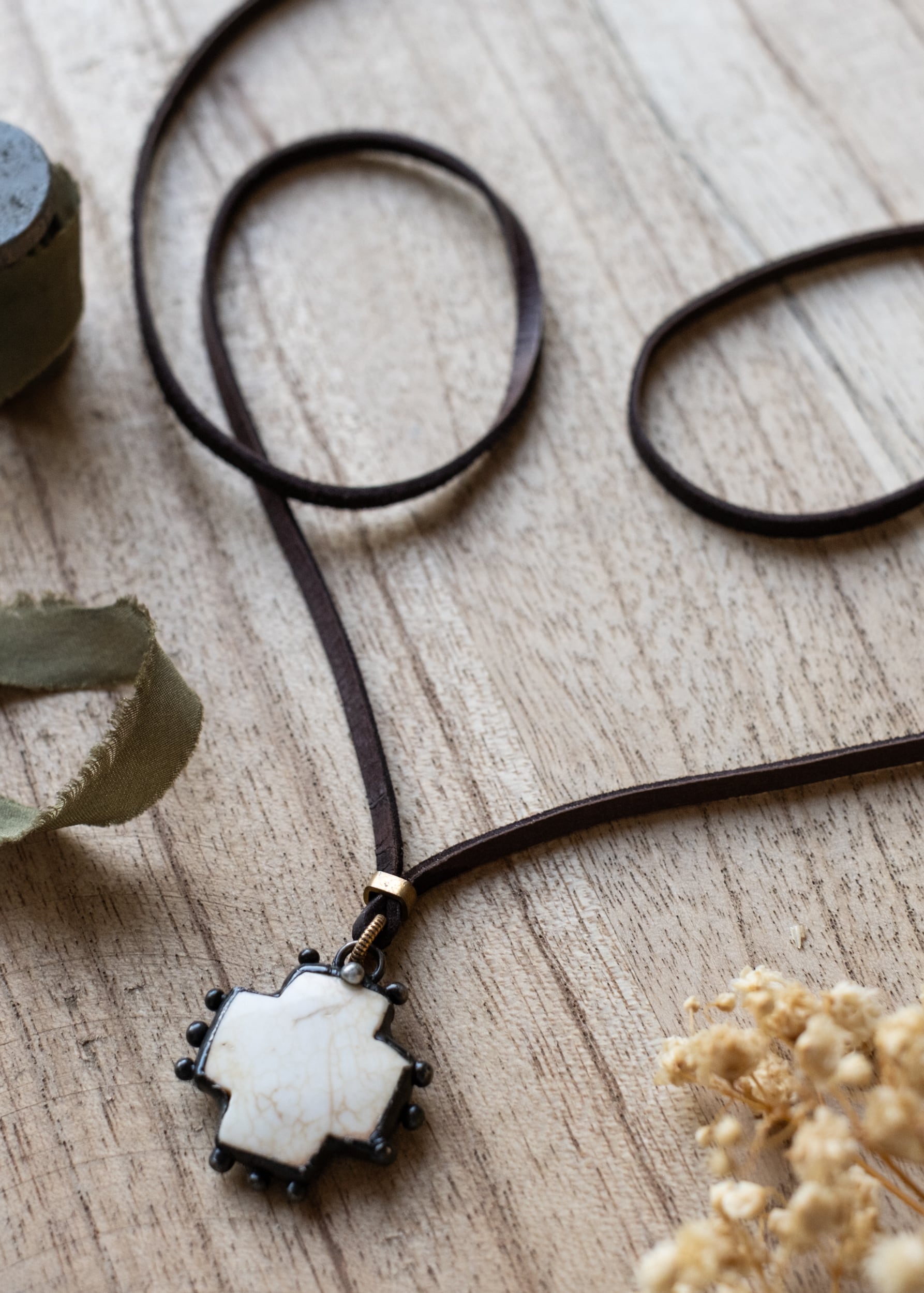 White Stone Cross Leather Necklace