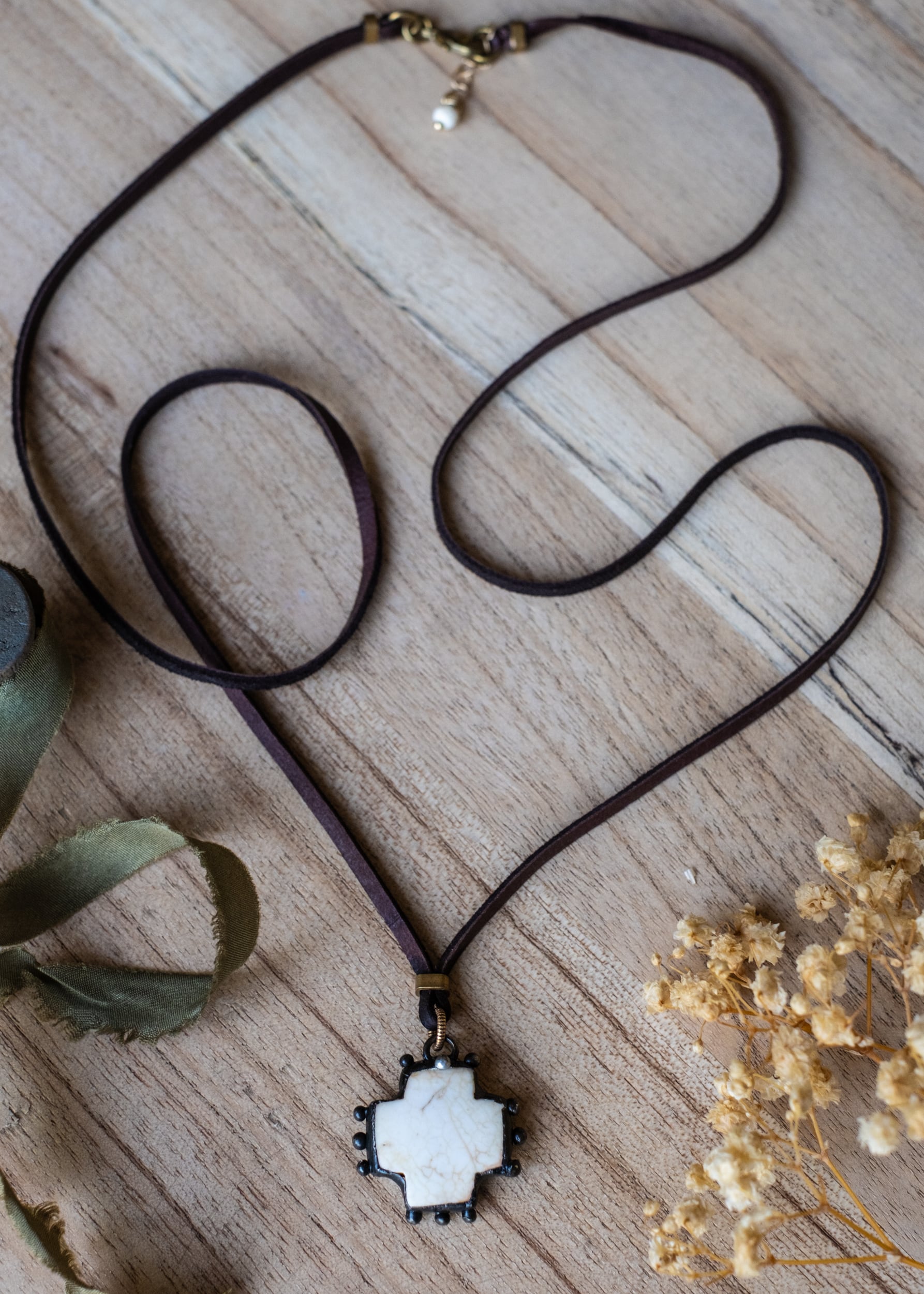 White Stone Cross Leather Necklace
