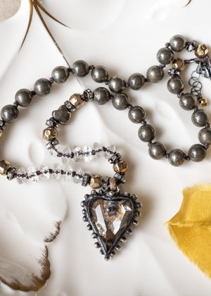 Antique Gold Mercury Glass Heart Necklace