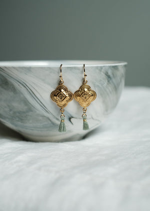 Vintage Brass Clover Tassel Earrings
