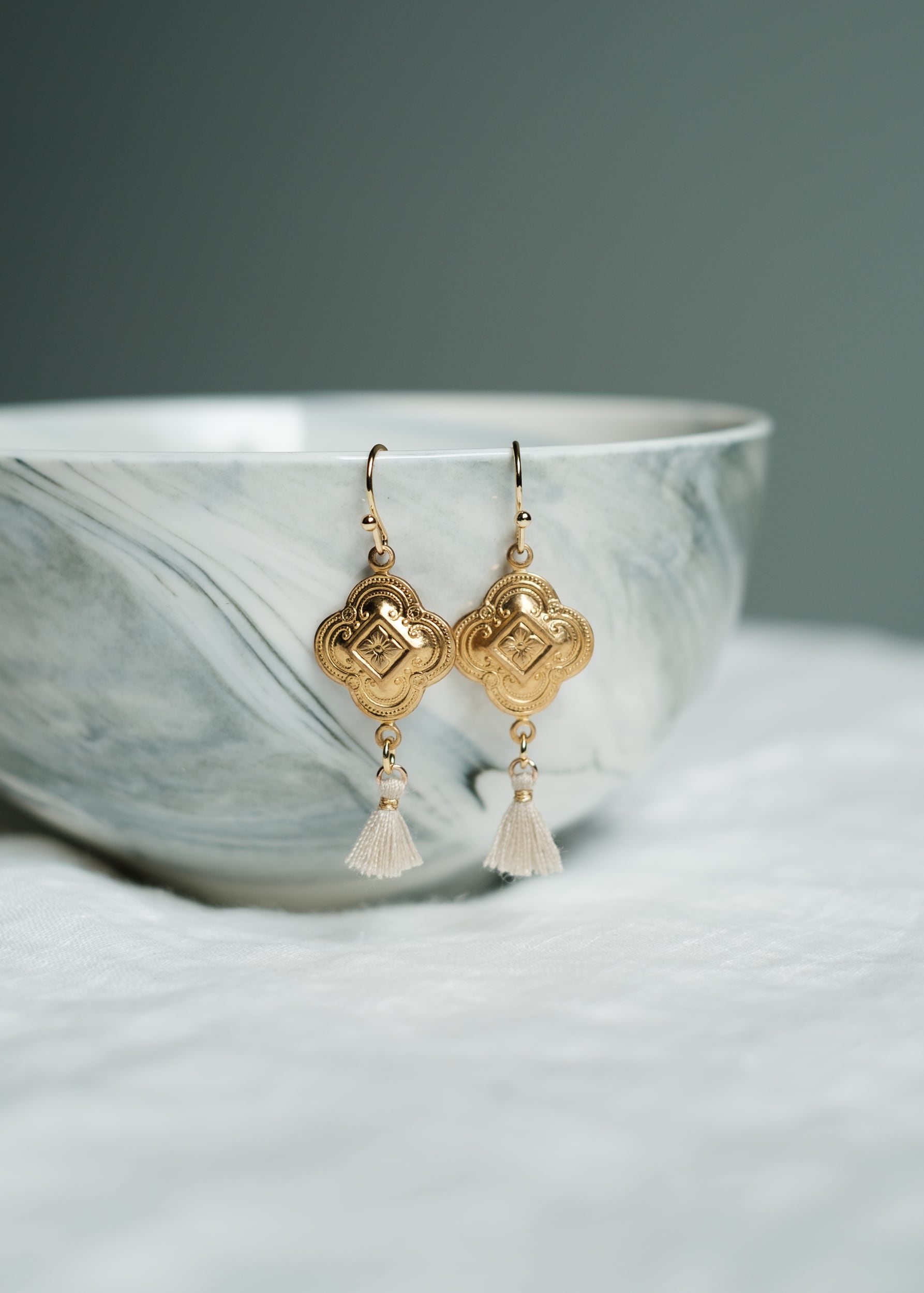 Vintage Brass Clover Tassel Earrings