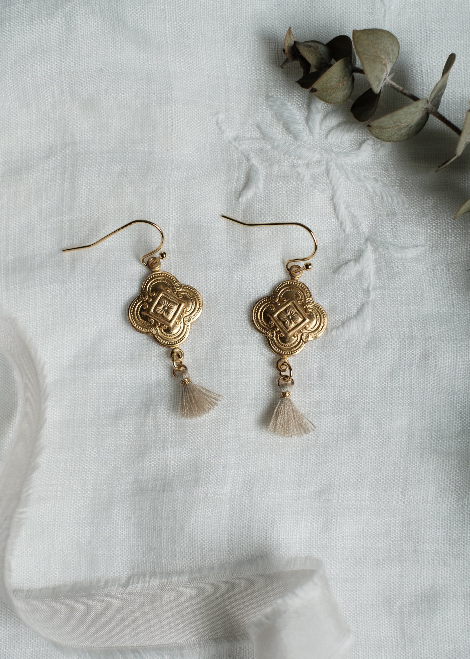 Vintage Brass Clover Tassel Earrings