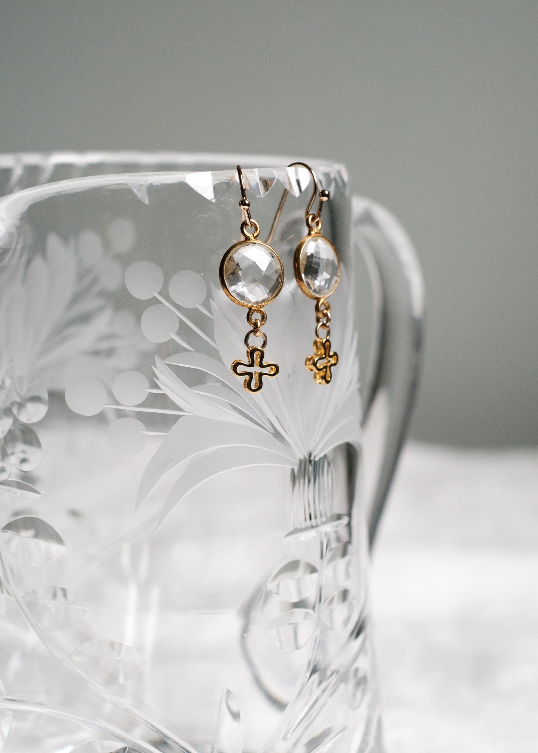 Crystal Quartz & Cross Earrings