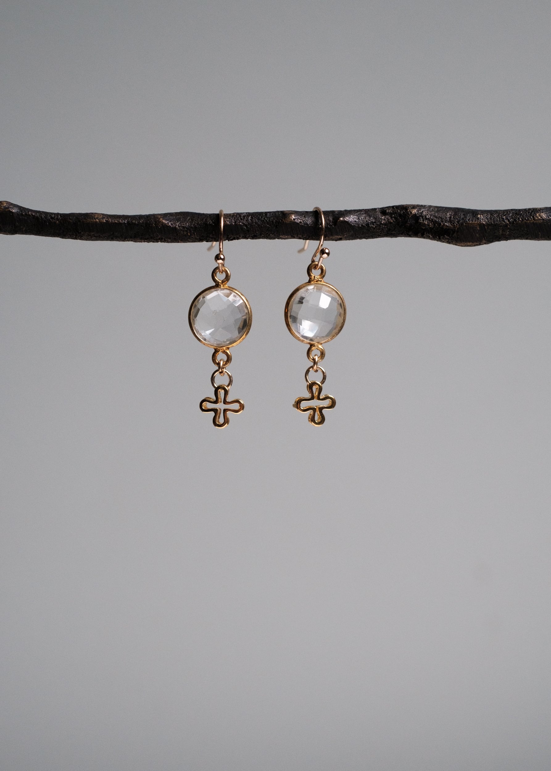Crystal Quartz & Cross Earrings