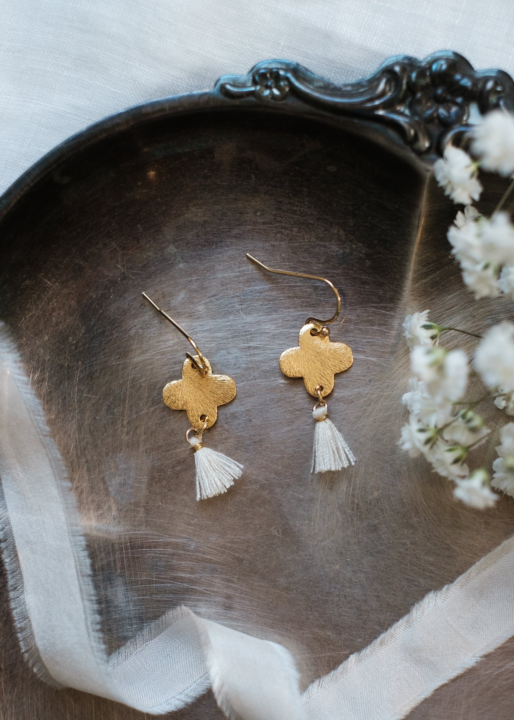 Gold Clover Tassel Earrings