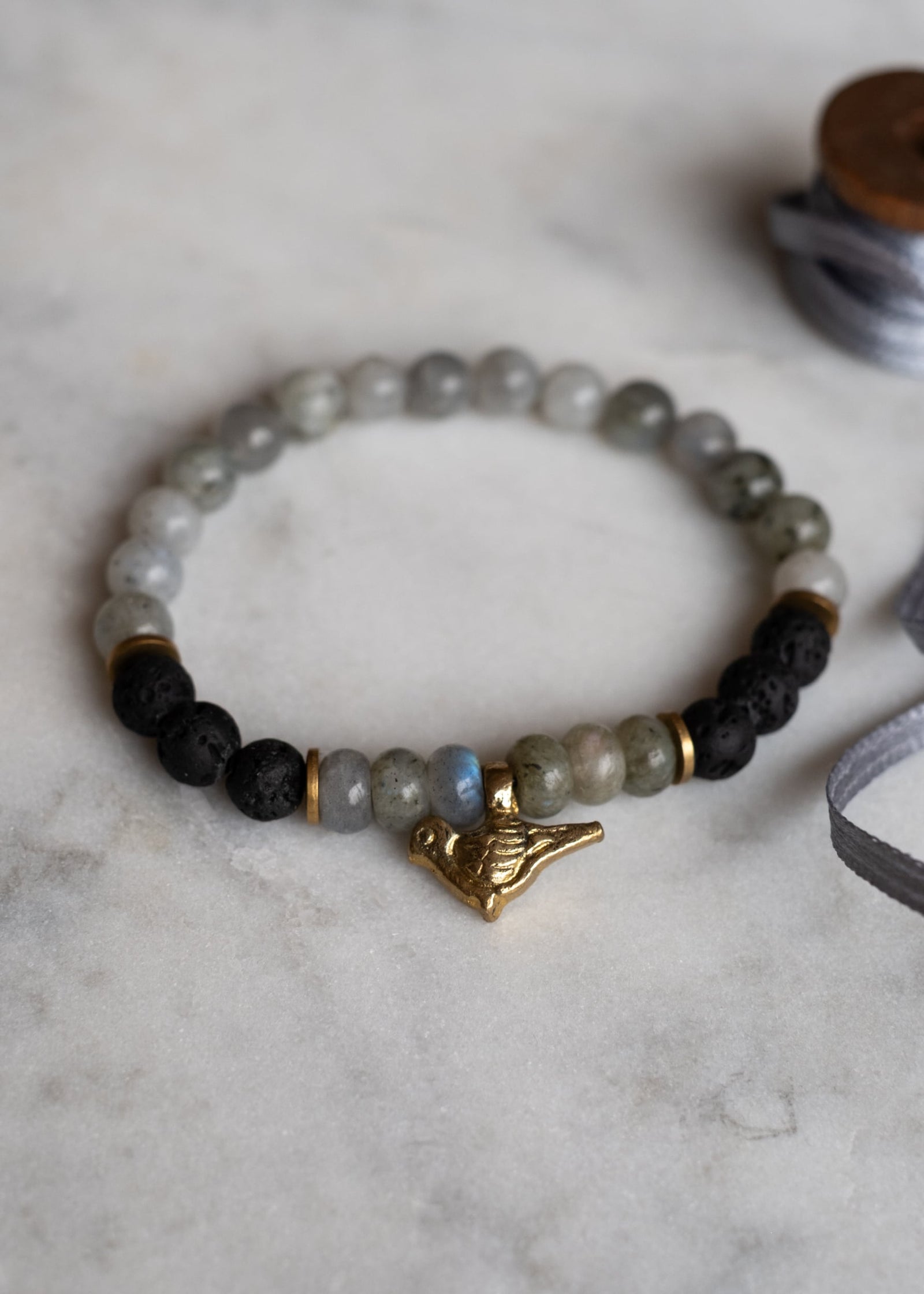 Harmony Bird Bracelet in Labradorite, Lava & Brass