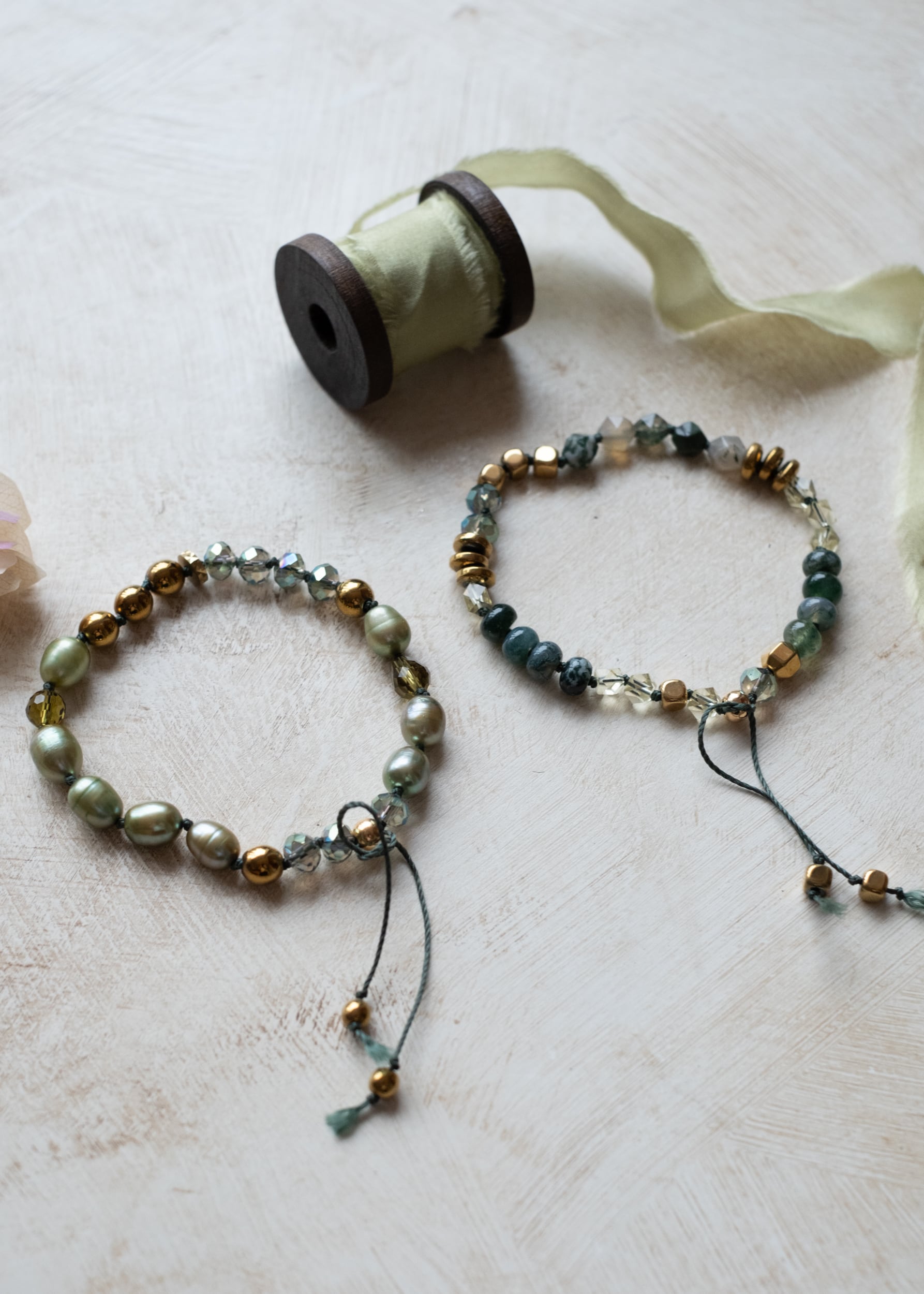 Olive Pearl and Moss Agate Adjustable Bracelet by Atelier 363, photo b