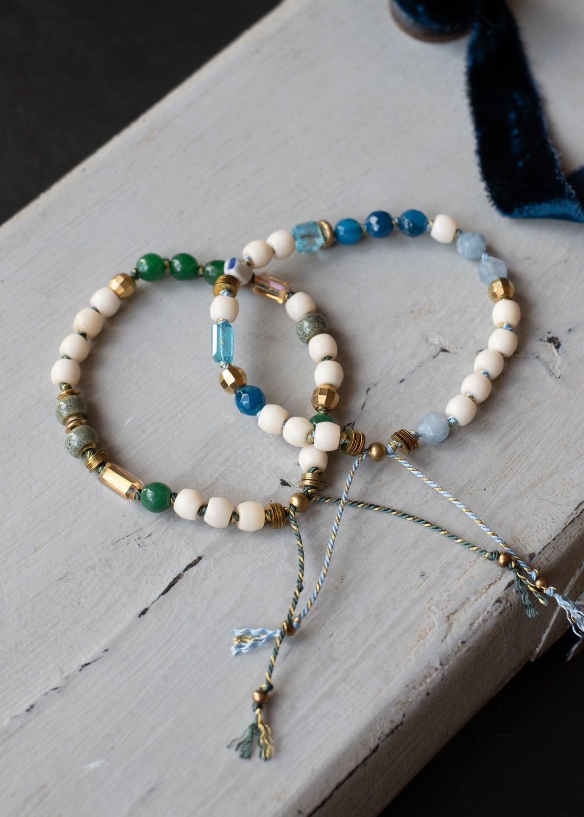 Bone and Jade Adjustable Bracelet in Green or Blue by Atelier 363, photo a