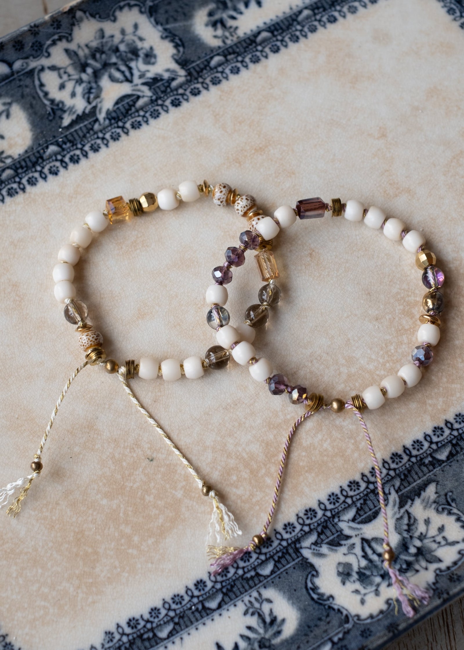 Bone and Crystal Adjustable Bracelet in Cream or Lavender by Atelier 363, photo a