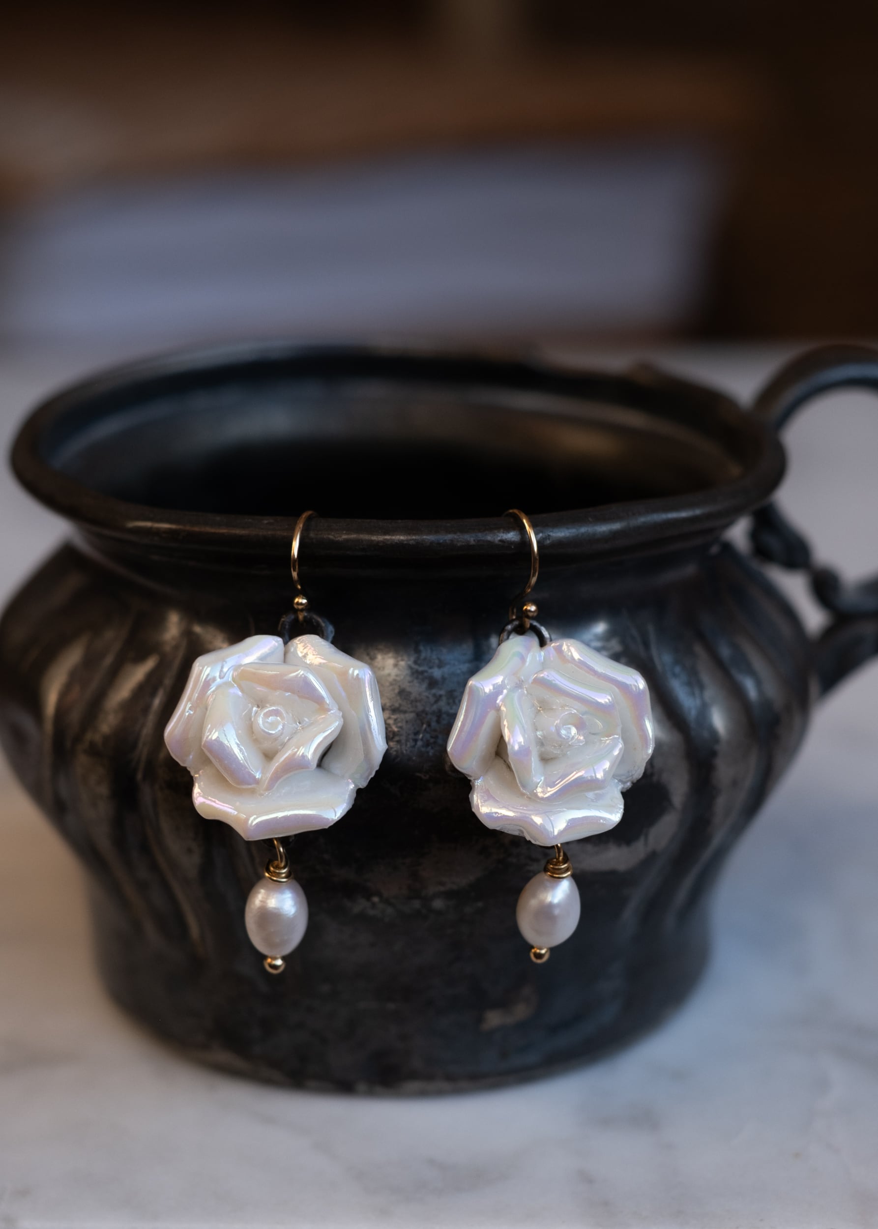 Ceramic Rose and Pearl Earrings by Atelier 363, photo a