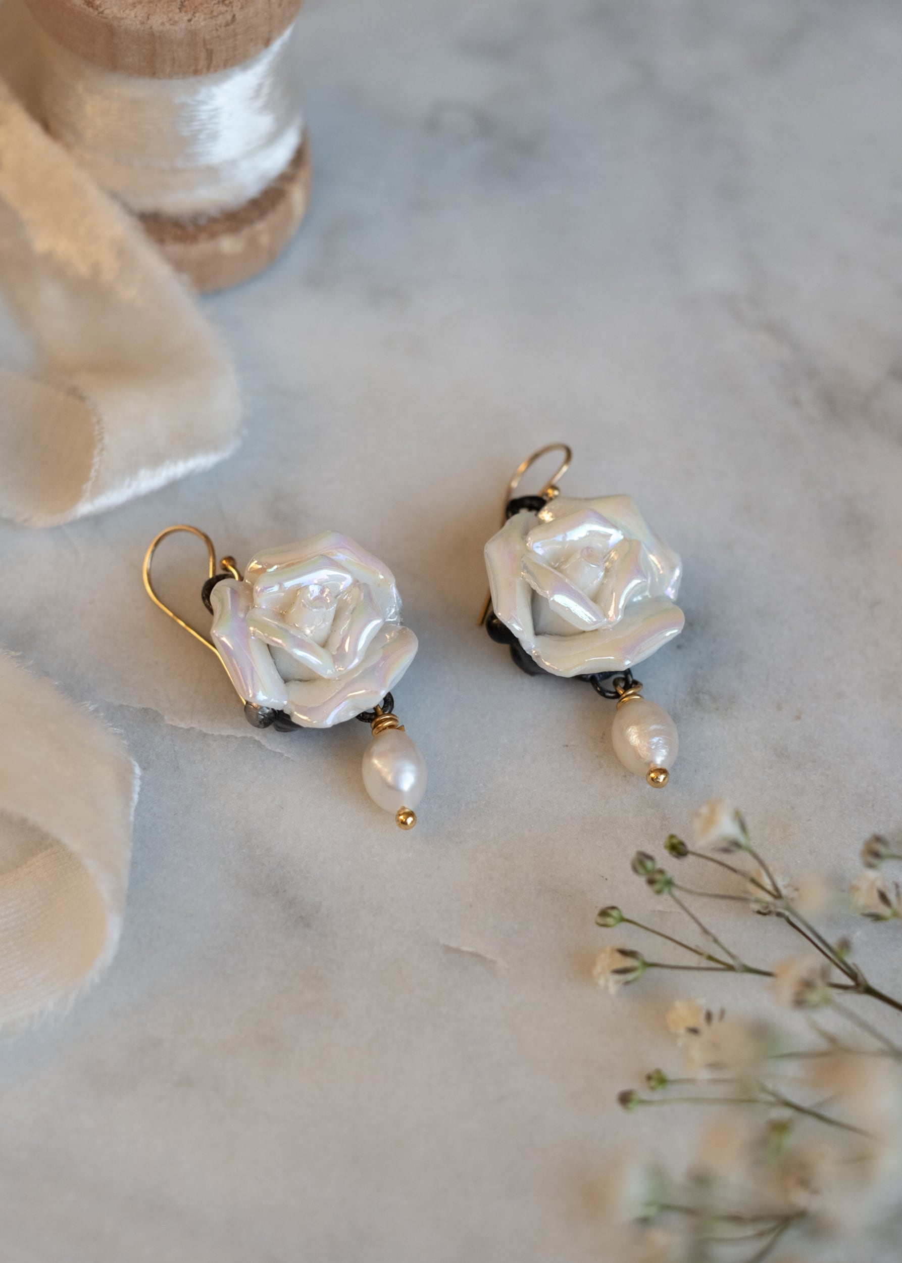 Ceramic Rose and Pearl Earrings by Atelier 363, photo e