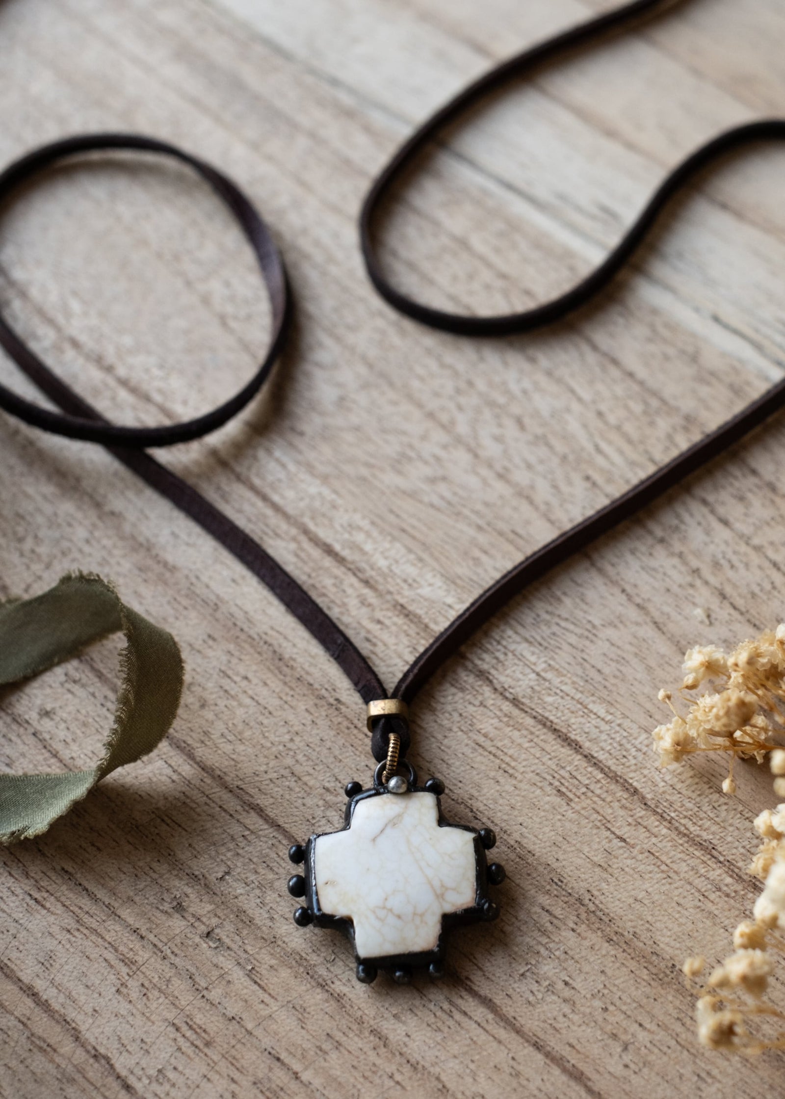 White Stone Cross Leather Necklace