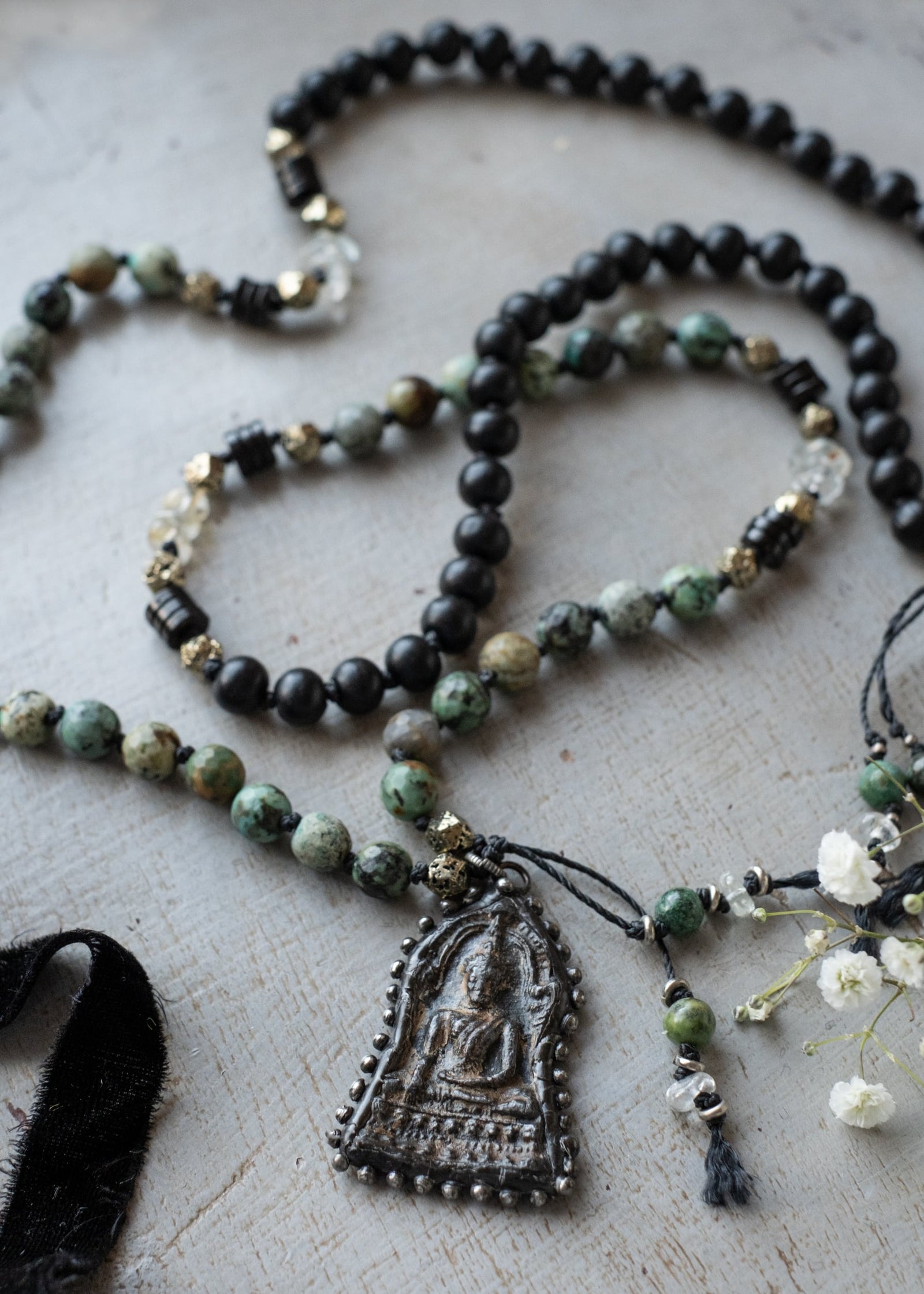 Vintage Buddha Amulet Meditation Mala Necklace