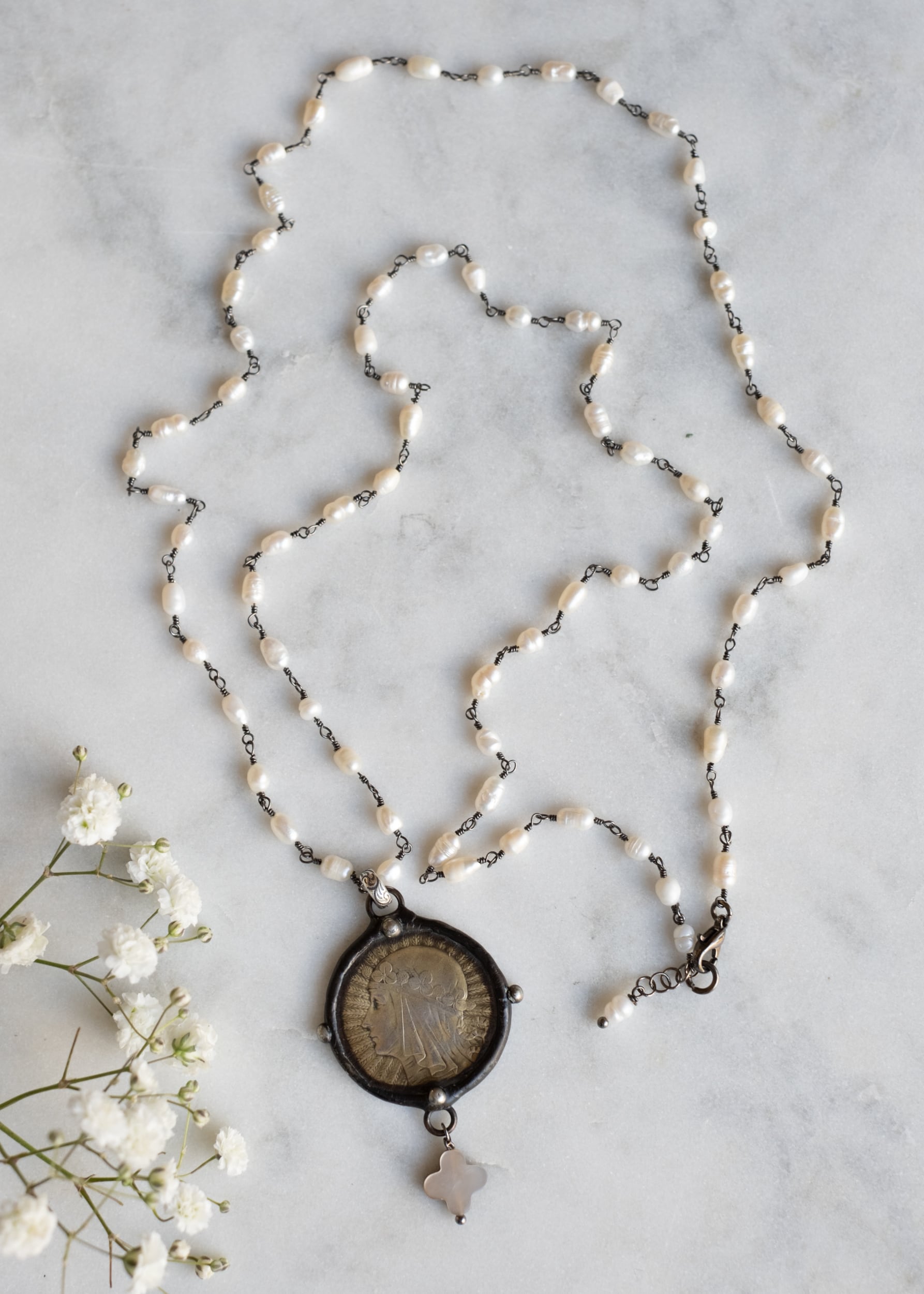 Radiant Madonna Pearl Medallion Necklace by Atelier 363, photo c