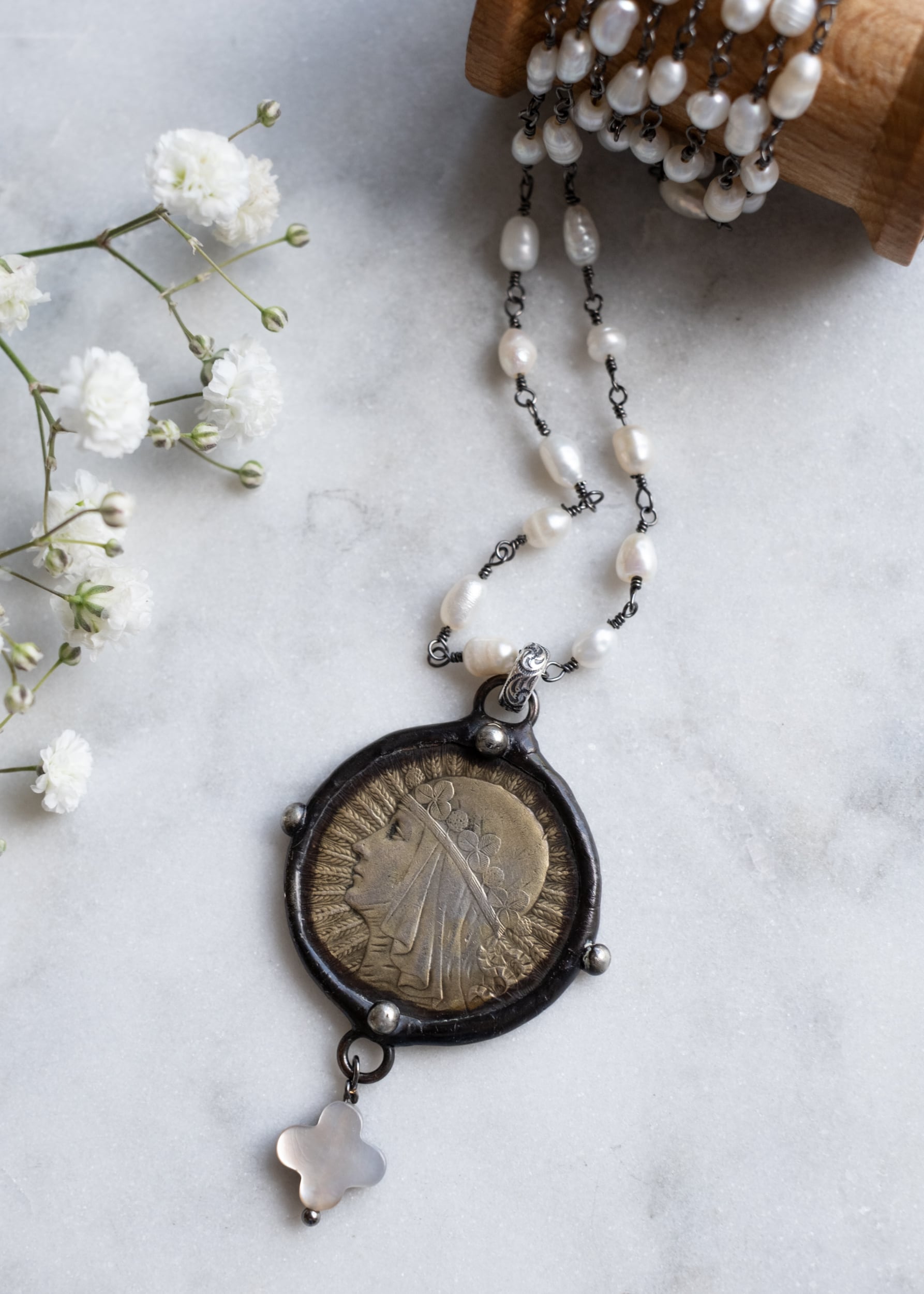 Radiant Madonna Pearl Medallion Necklace by Atelier 363, photo b