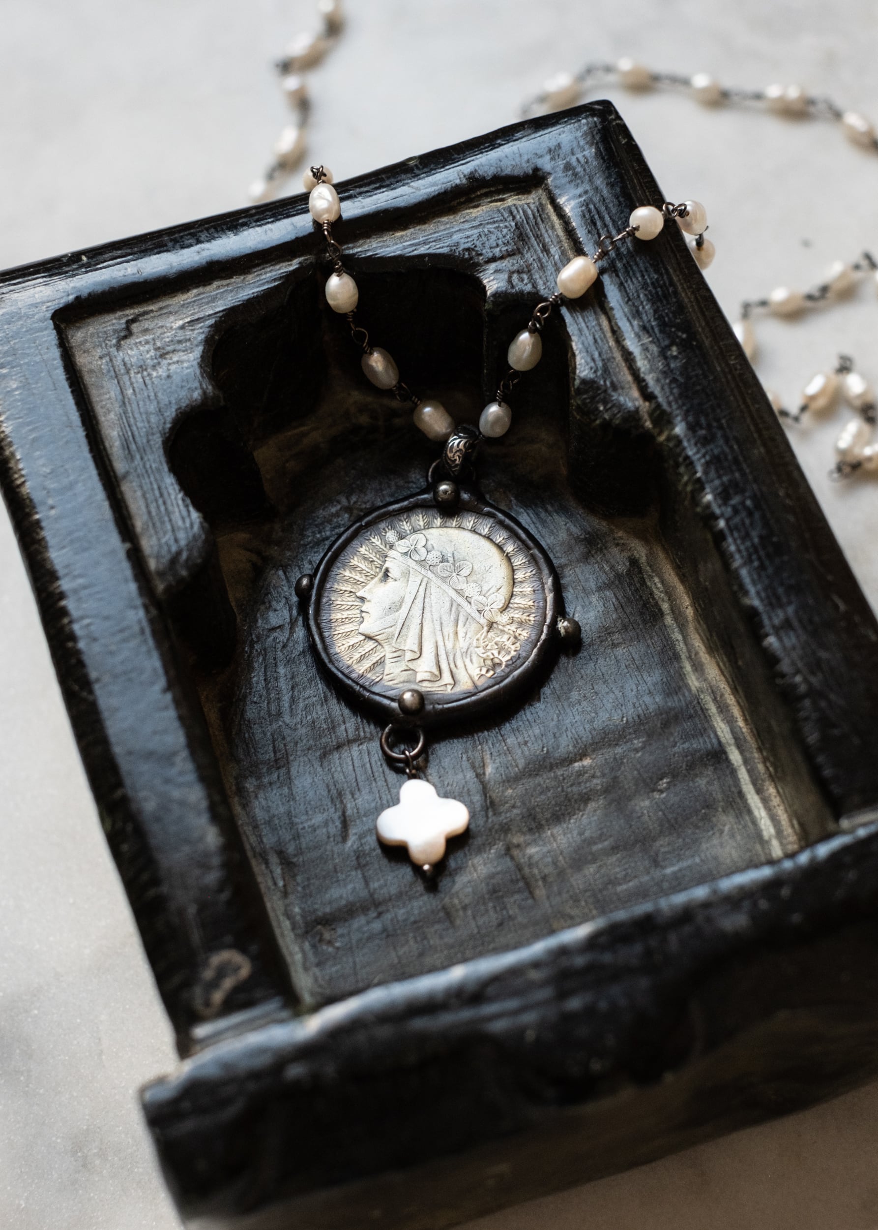 Radiant Madonna Pearl Medallion Necklace by Atelier 363, photo e