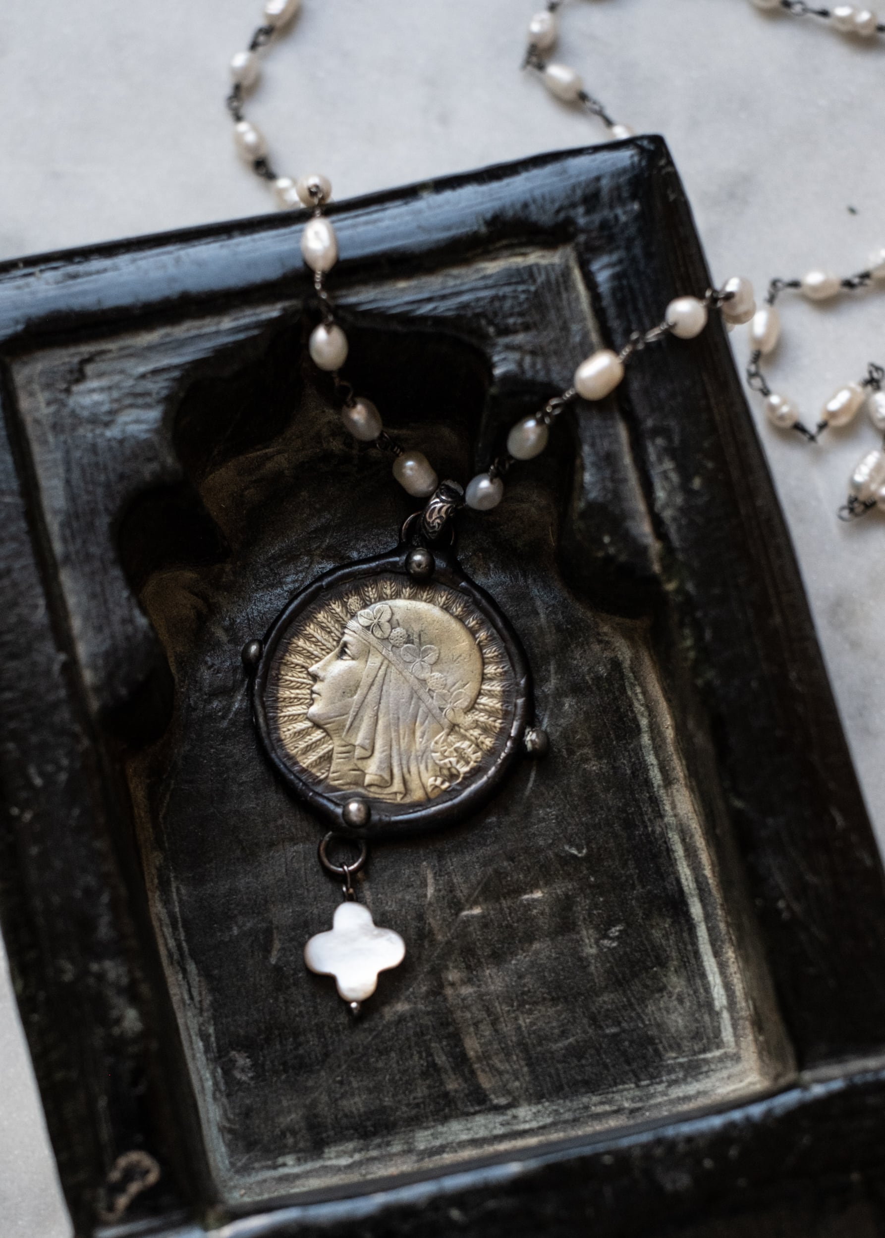 Radiant Madonna Pearl Medallion Necklace by Atelier 363, photo a