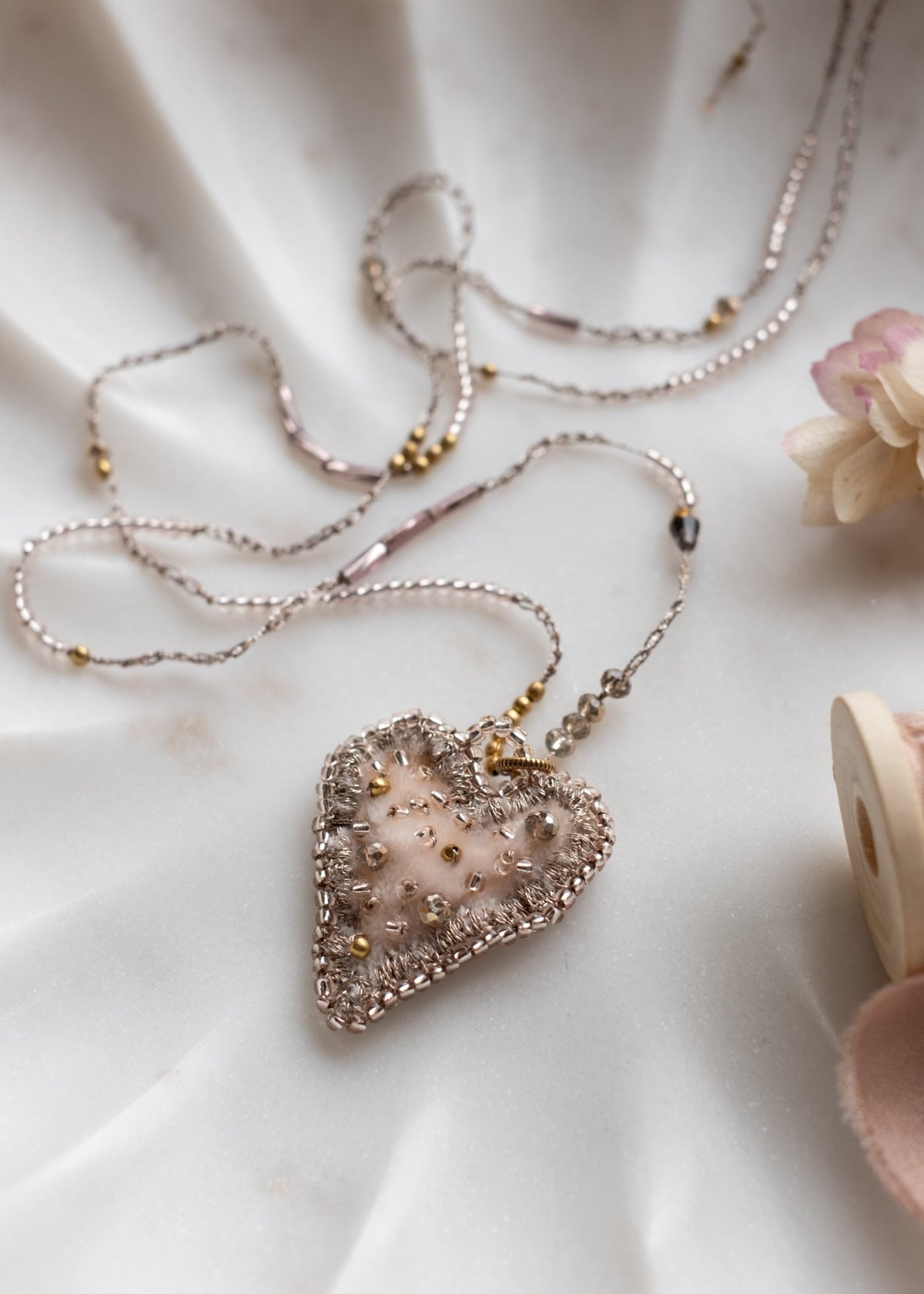 Powder Pink Velvet Heart Necklace by Atelier 363, photo a