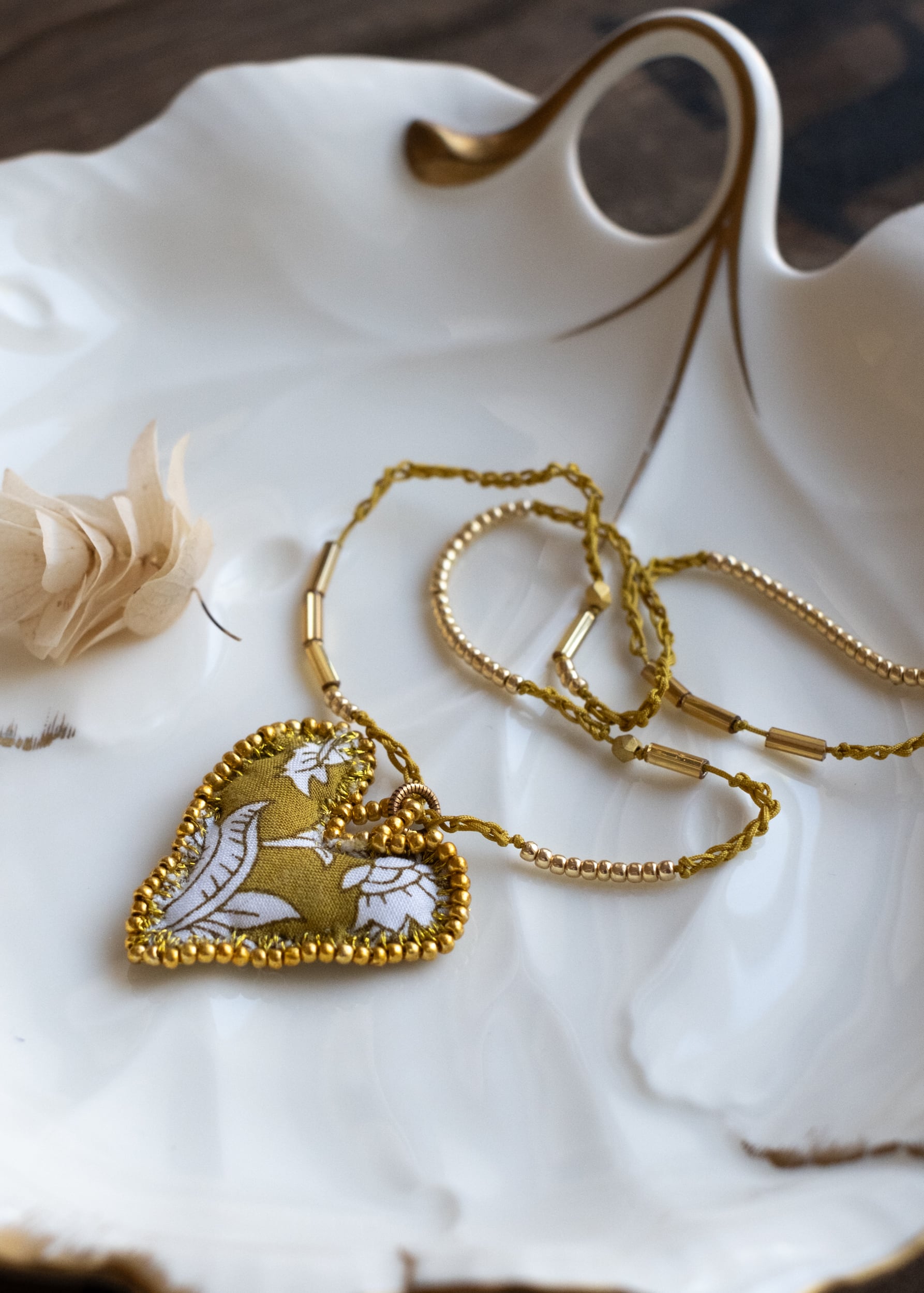 Mustard Bloom Fabric Heart Necklace by Atelier 363, photo c