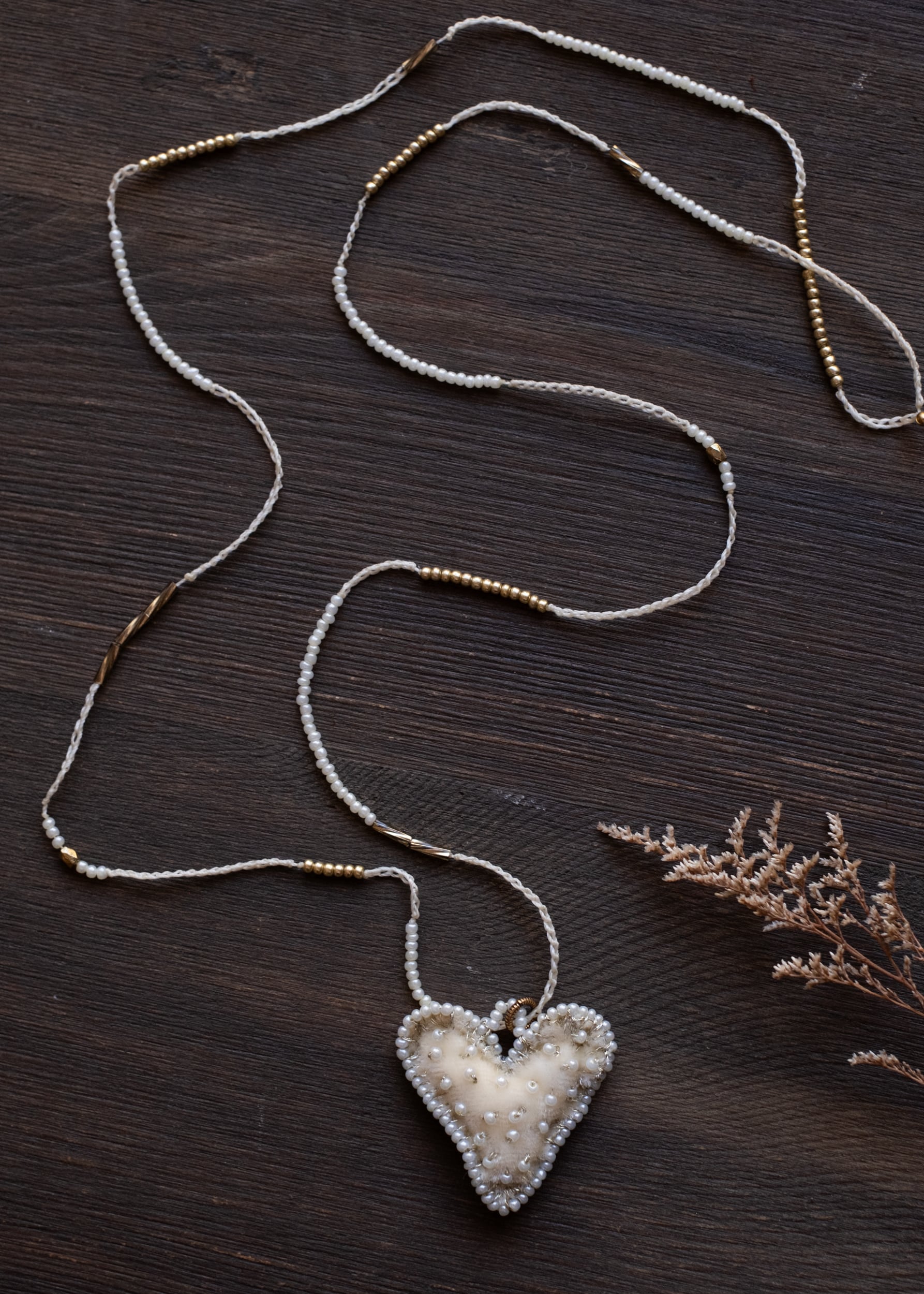 Pearl Cream Velvet Heart Necklace by Atelier 363, photo b