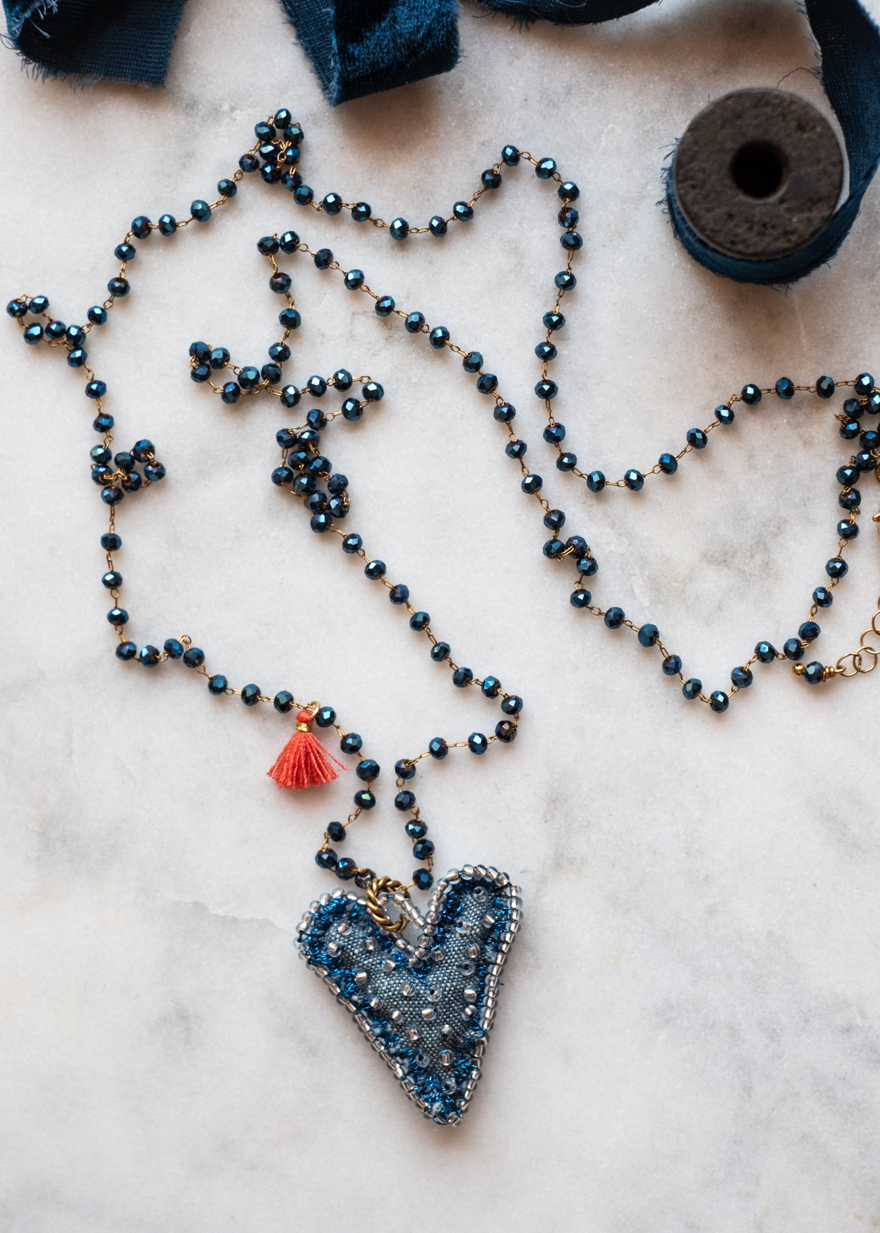 Chambray Blue Tassel Heart Necklace by Atelier 363, photo a