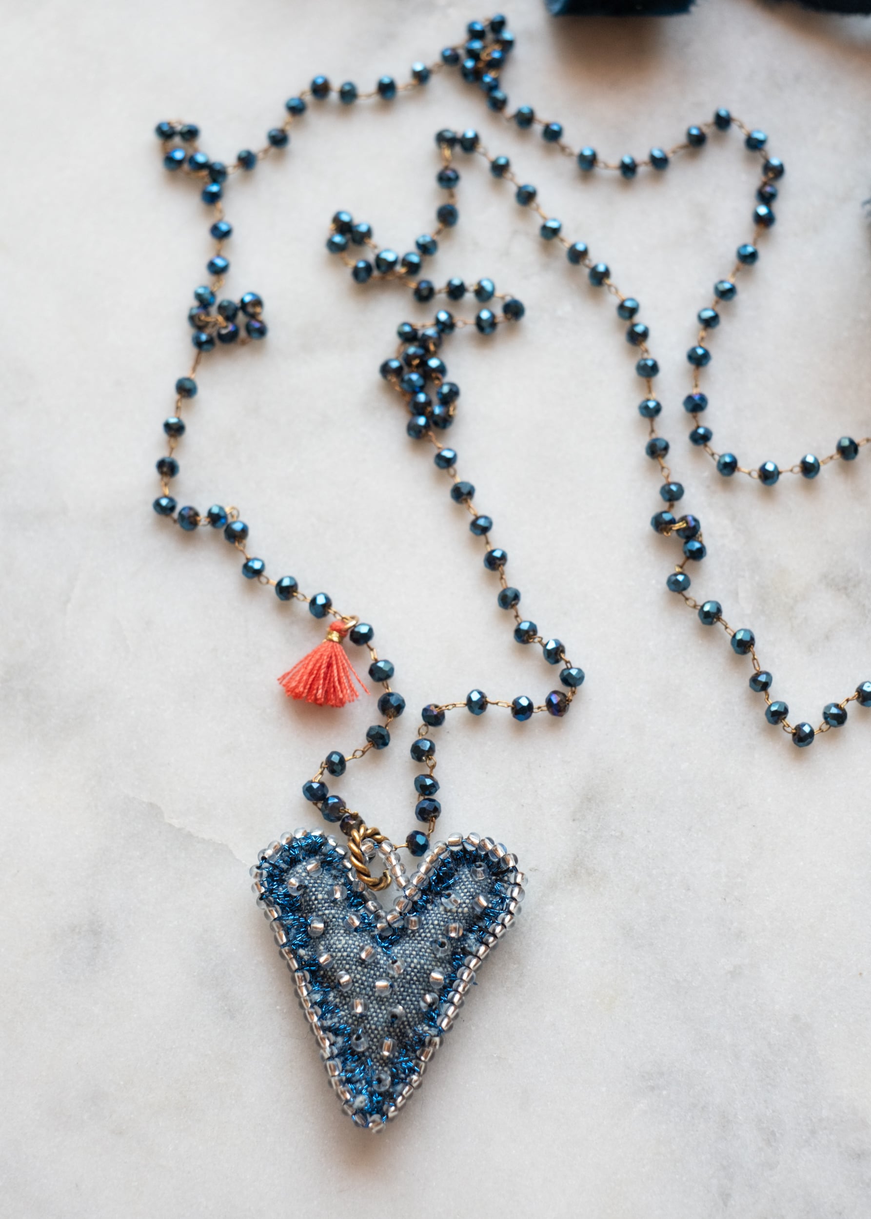 Chambray Blue Tassel Heart Necklace by Atelier 363, photo b