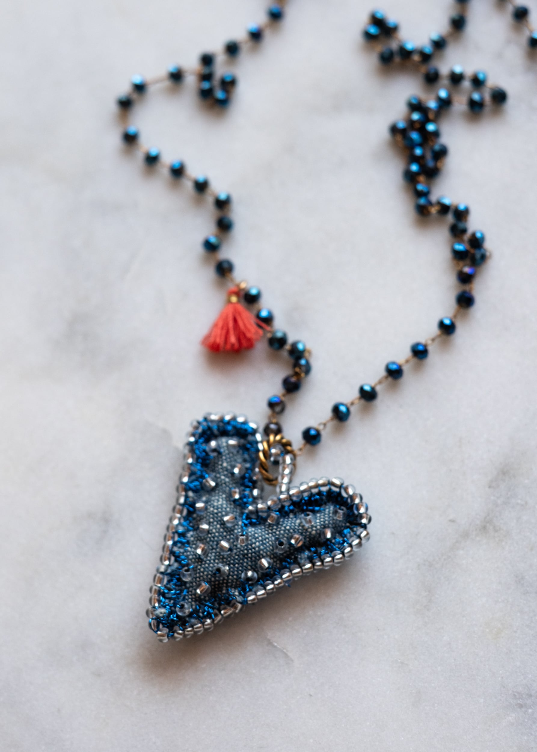Chambray Blue Tassel Heart Necklace by Atelier 363, photo c