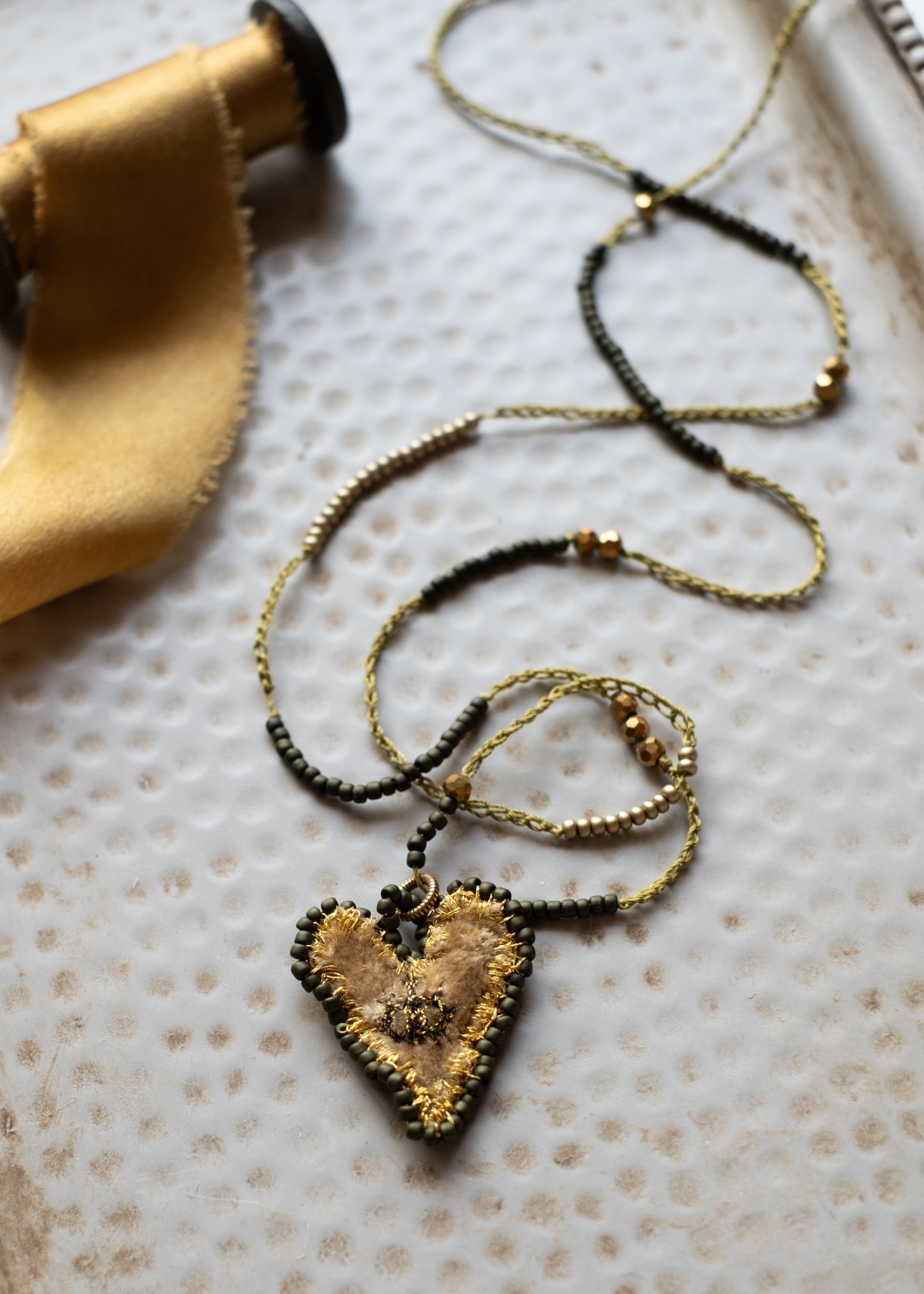 Honey and Olive Velvet Heart Necklace by Atelier 363, photo a