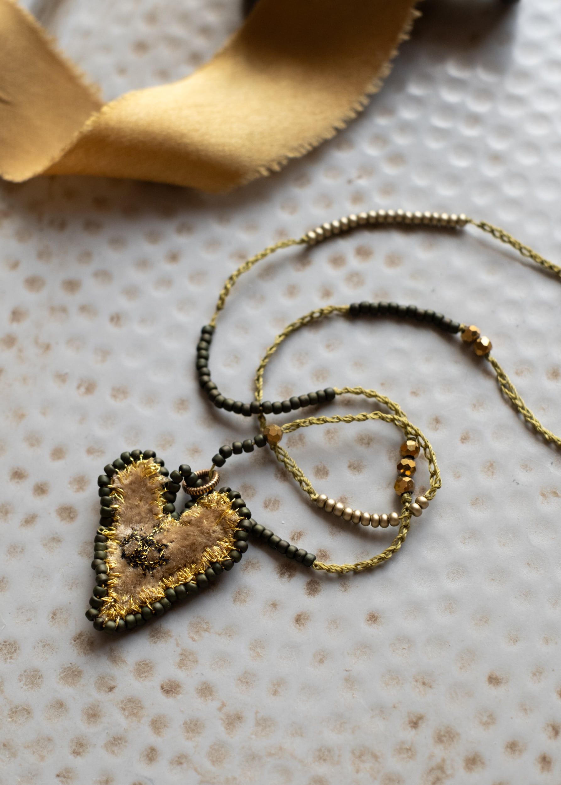 Honey and Olive Velvet Heart Necklace by Atelier 363, photo b