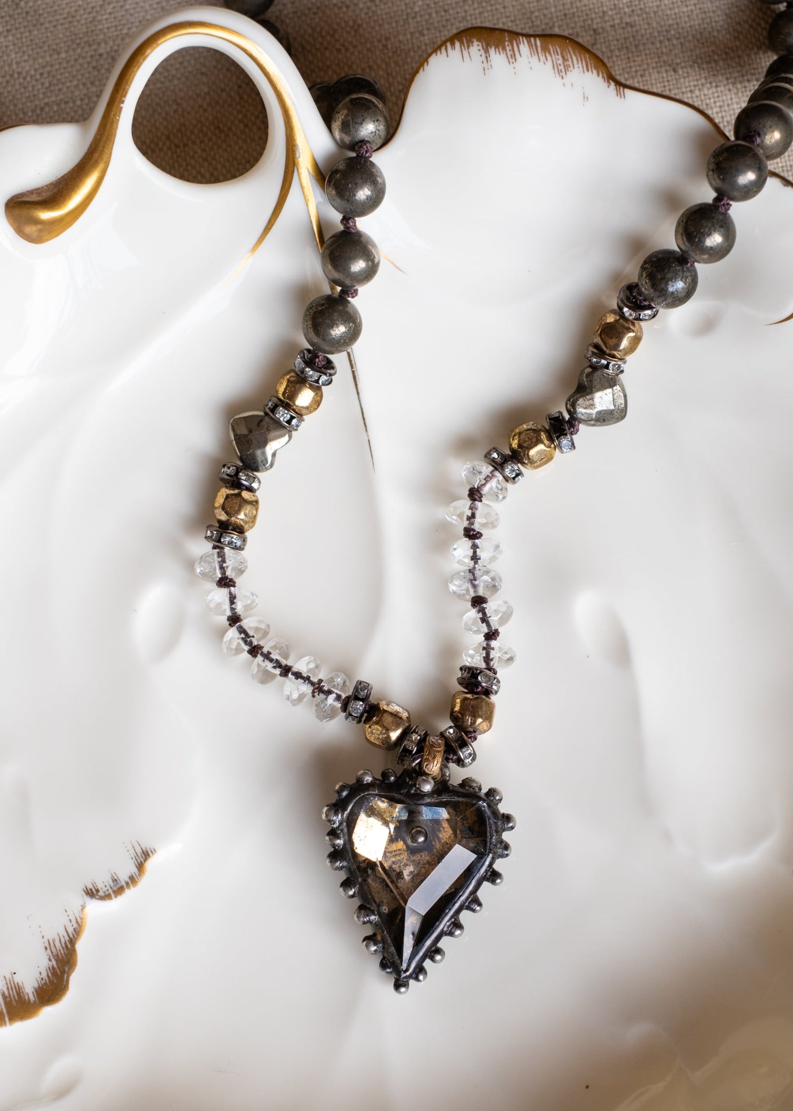 Antique Gold Mercury Glass Heart Necklace