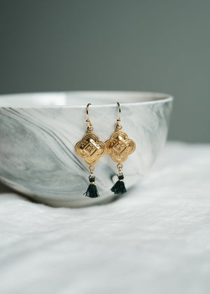 Vintage Brass Clover Tassel Earrings