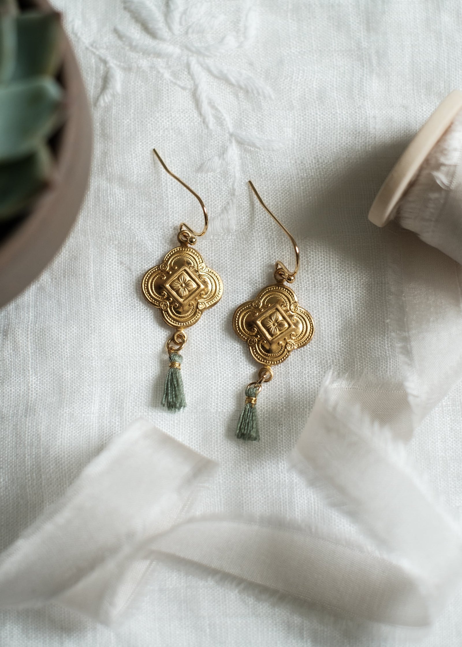 Vintage Brass Clover Tassel Earrings