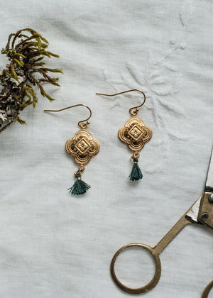 Vintage Brass Clover Tassel Earrings