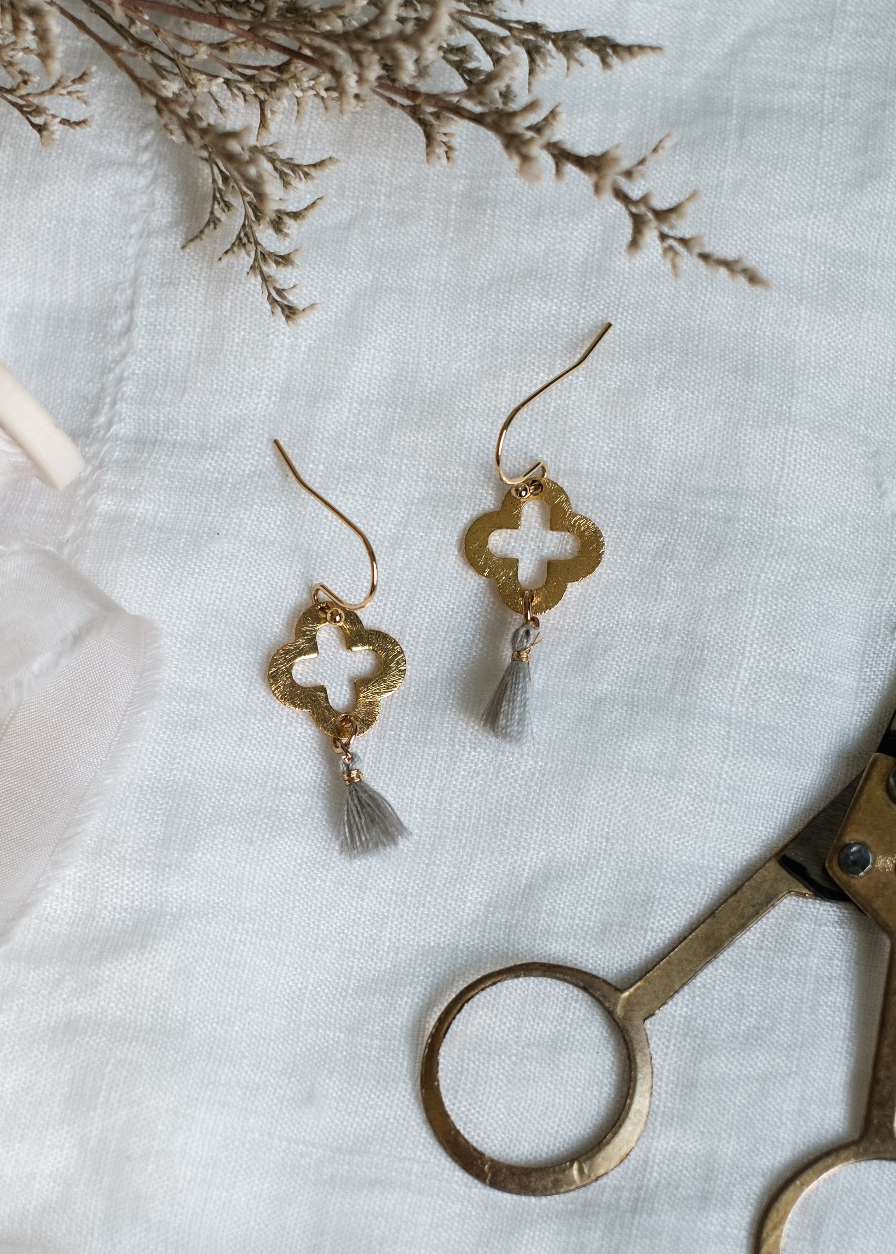 Gold Clover Micro Tassel Earrings by Atelier 363, photo c